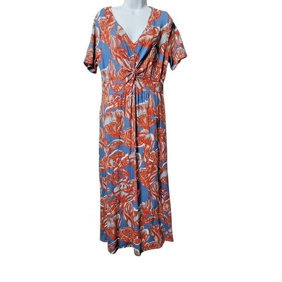 Soft Surroundings Maxi Dress L Blue Red Floral Twist Front Empire Soft Knit - Picture 4 of 14